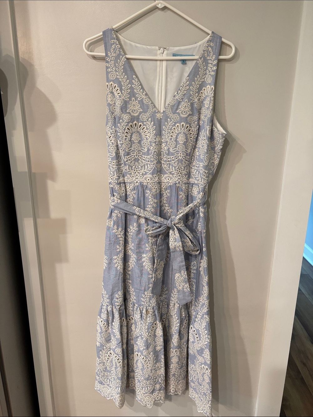 Light Blue Midi Dress with White Embroidery